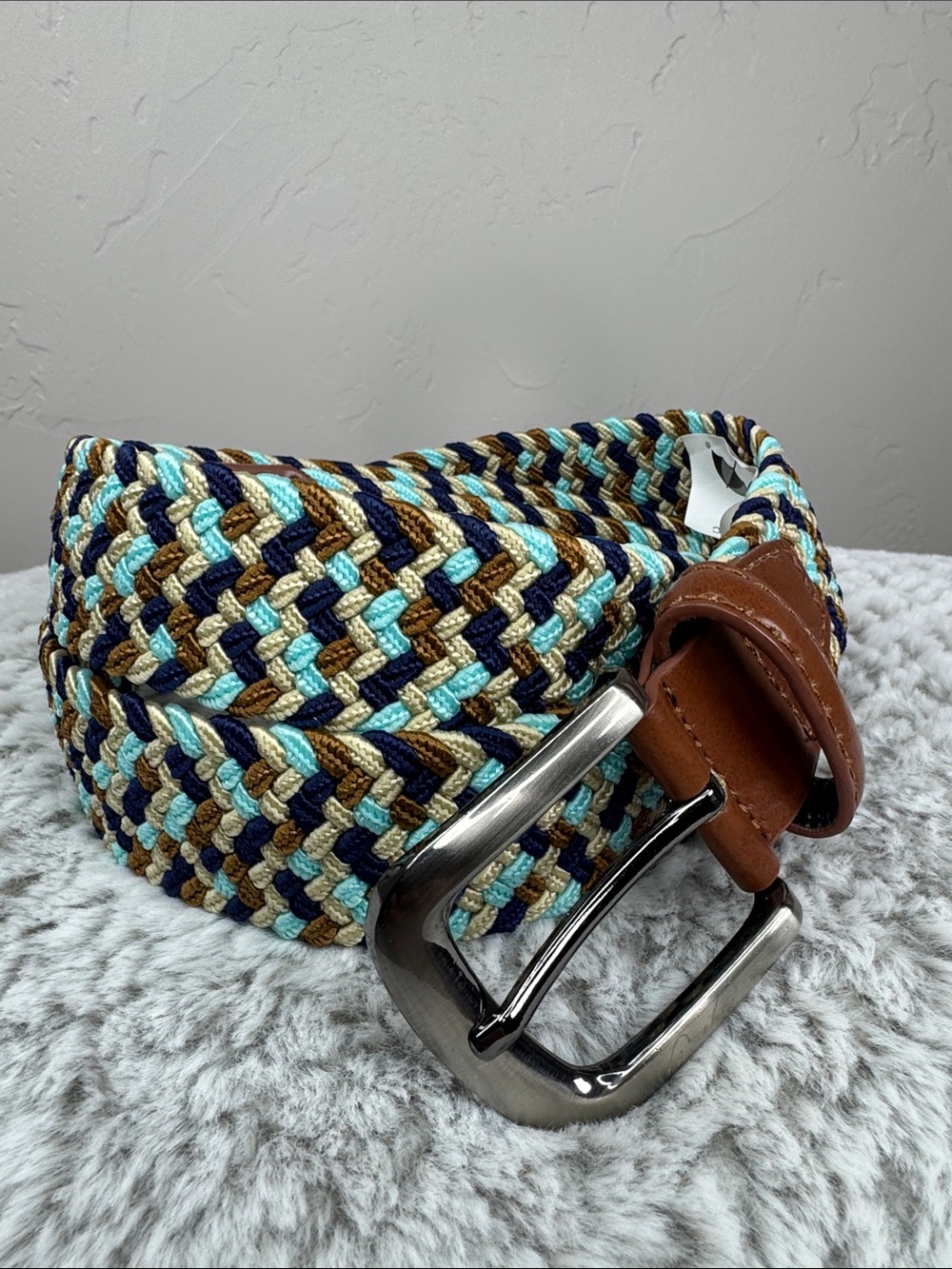 Arnold Palmer Woven Braided Elastic Men’s Belt - Brown, Navy & Light Blue 3/38